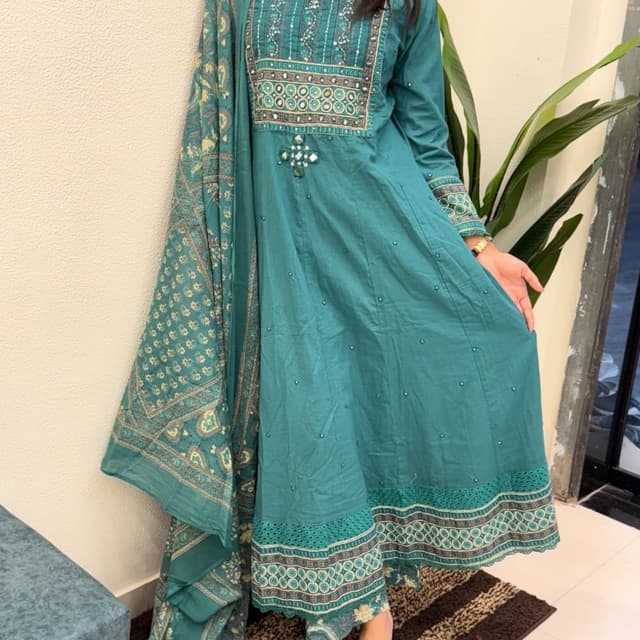 Teal, Gold, White Dress with Dupatta