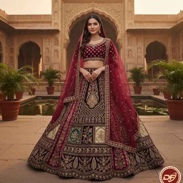 Burgundy, Gold, Green Lehenga Choli