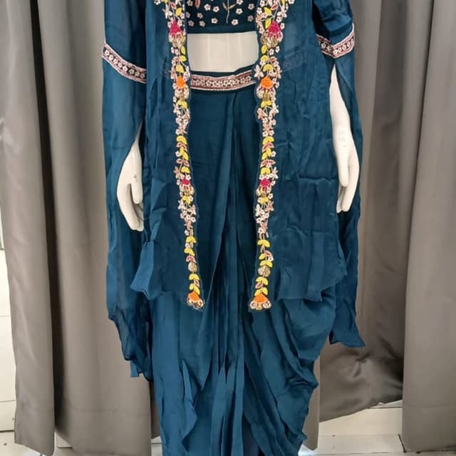 Teal, Multicolor Draped Suit Set