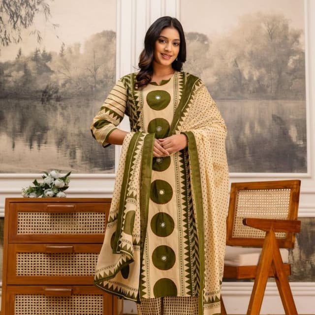 Beige, Olive Green Salwar Kameez