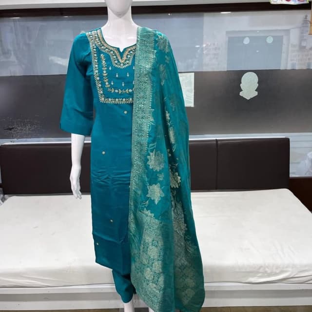 Teal, Gold Salwar Kameez Suit with Dupatta