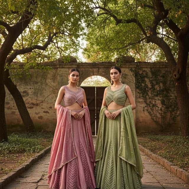 Pink, Green Lehenga Choli