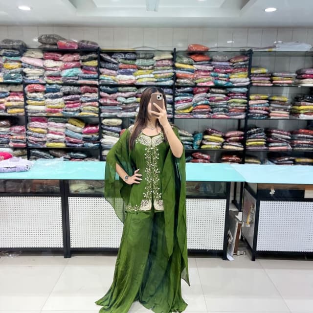 Olive Green with Off-White Kurta with Palazzo and Cape