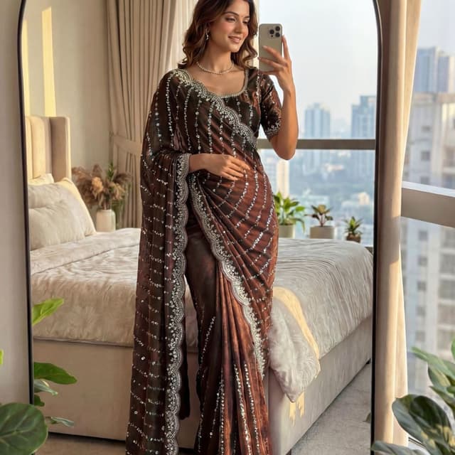 Brown and Silver Saree