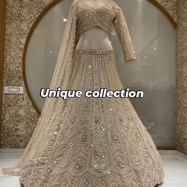 Beige, Gold Lehenga Choli