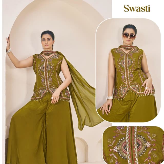 Olive Green with Maroon, Pink, and Gold accents Salwar Kameez Set with a Dupatta
