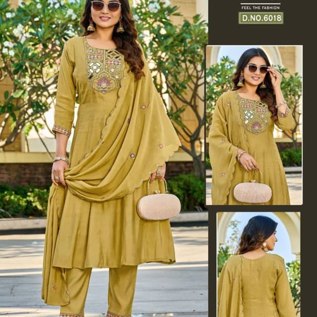 Mustard yellow with multicolor embroidery Salwar Kameez Suit