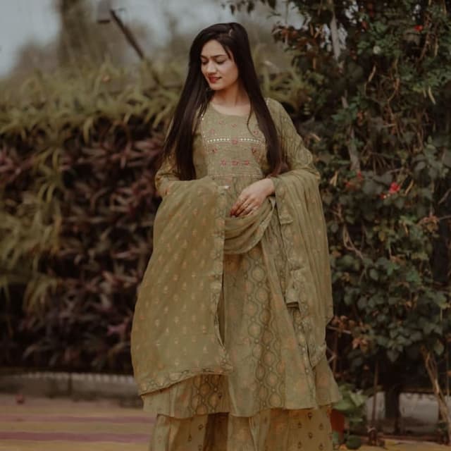 Olive Green with hints of Peach Kurta with Palazzo and Dupatta