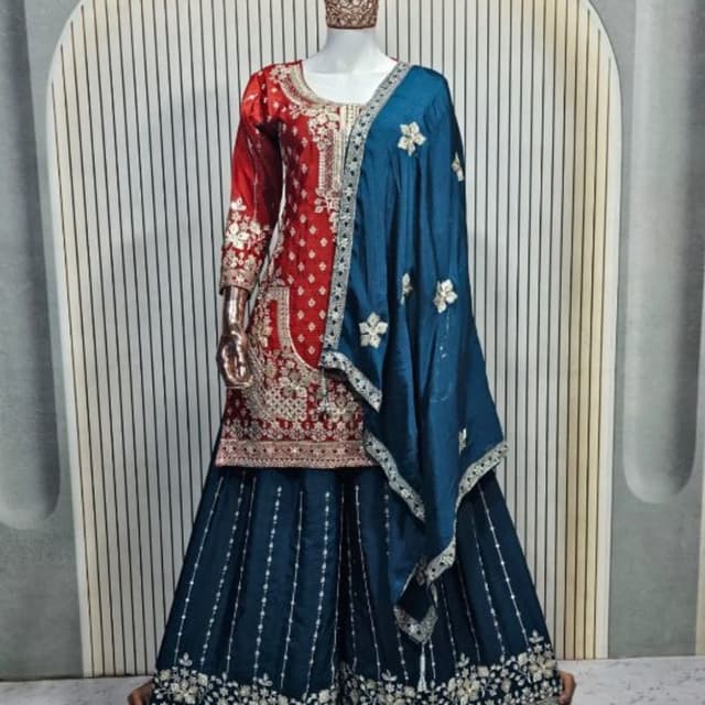 Red, Teal, Gold Sharara Suit