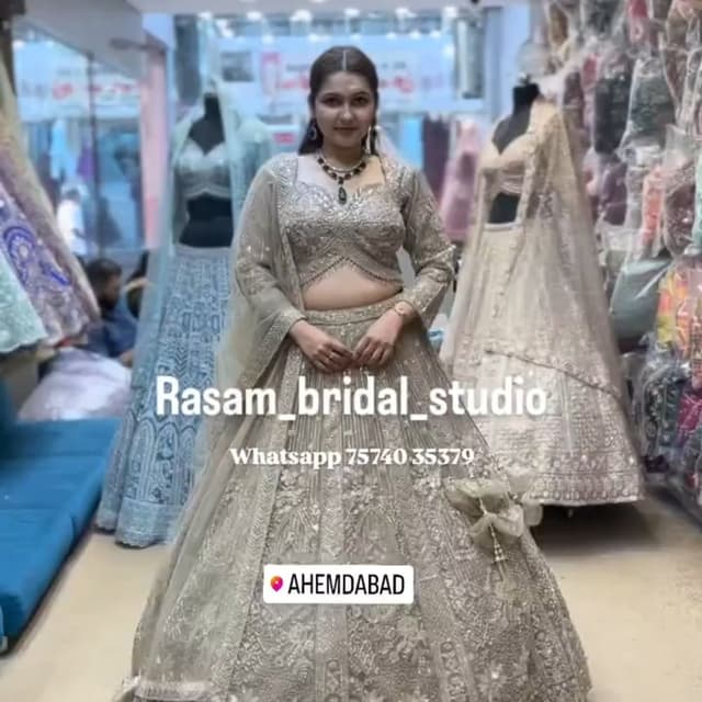 Silver, Beige Lehenga Choli
