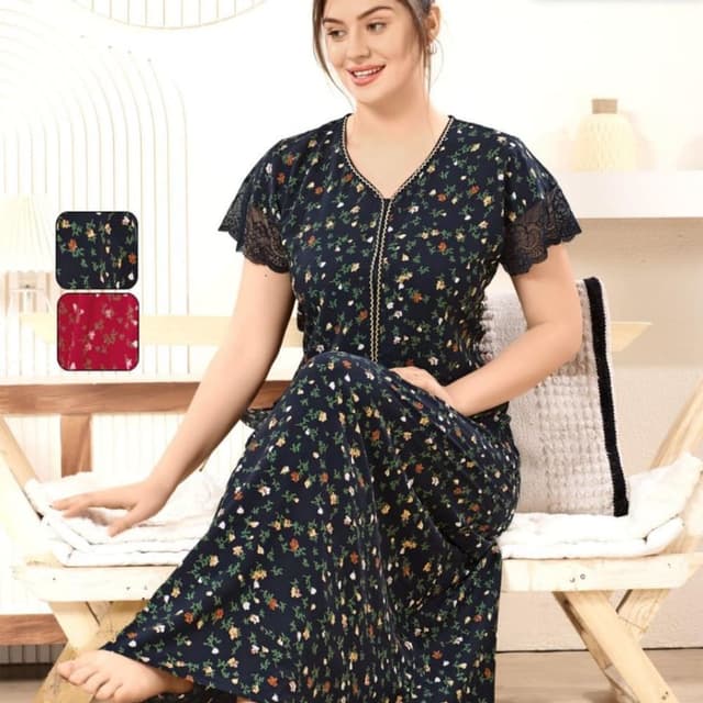 Navy blue with floral print, white, orange, and green accents Nightgown