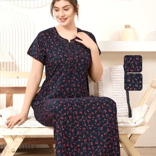 Navy blue base with red and blue floral prints. Nightgown