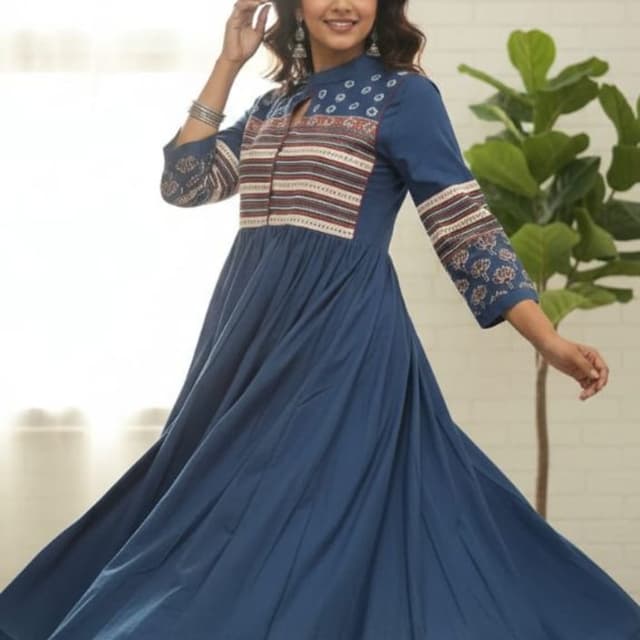 Blue, Beige, Red, Brown Dress