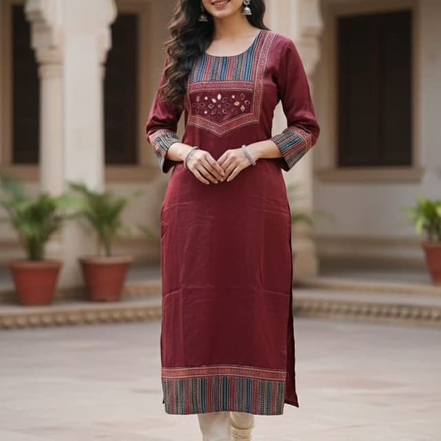 Maroon, with accents of blue, green, and red Kurti