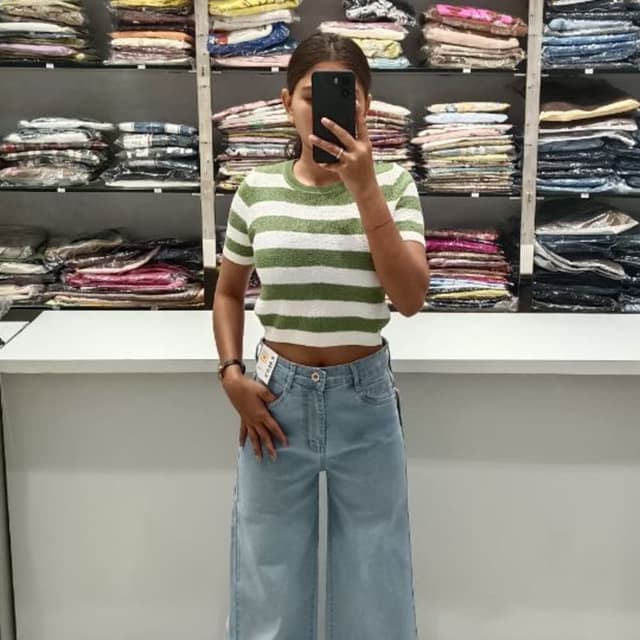 Green and White, Light Blue Top and Jeans