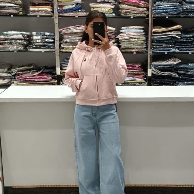 Pale Pink, Light Blue Hoodie, Jeans