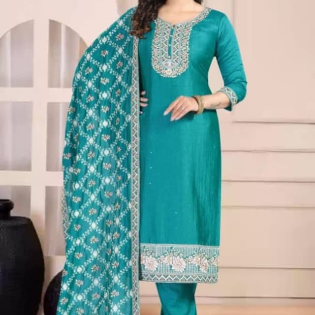 Teal, White, Beige Salwar Kameez Suit with Dupatta