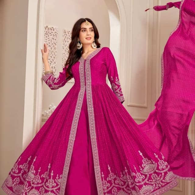 Magenta, Silver Anarkali Suit