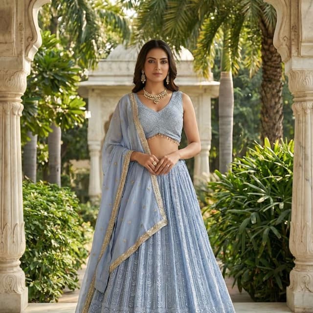 Powder Blue and Gold Lehenga Choli
