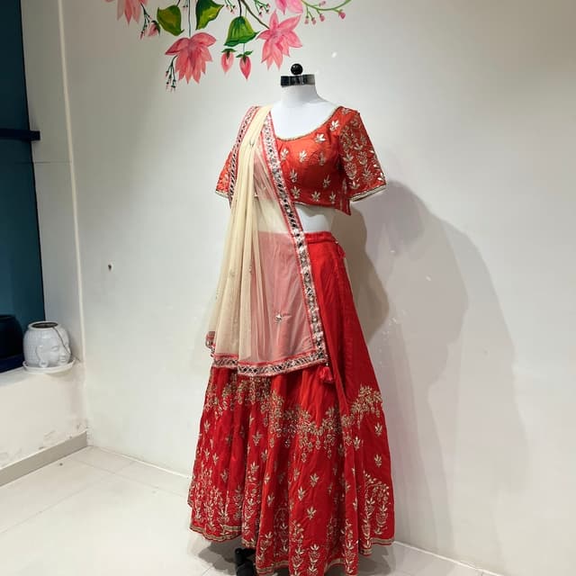 Red, Gold, and Beige Lehenga Choli