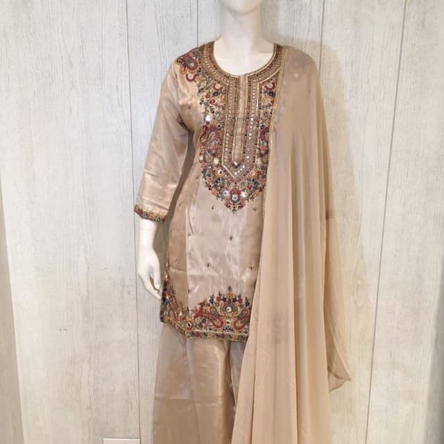 Beige, with accents of red, green, and gold Salwar Kameez Suit with Dupatta