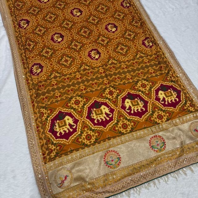 Mustard yellow, maroon, and gold Saree