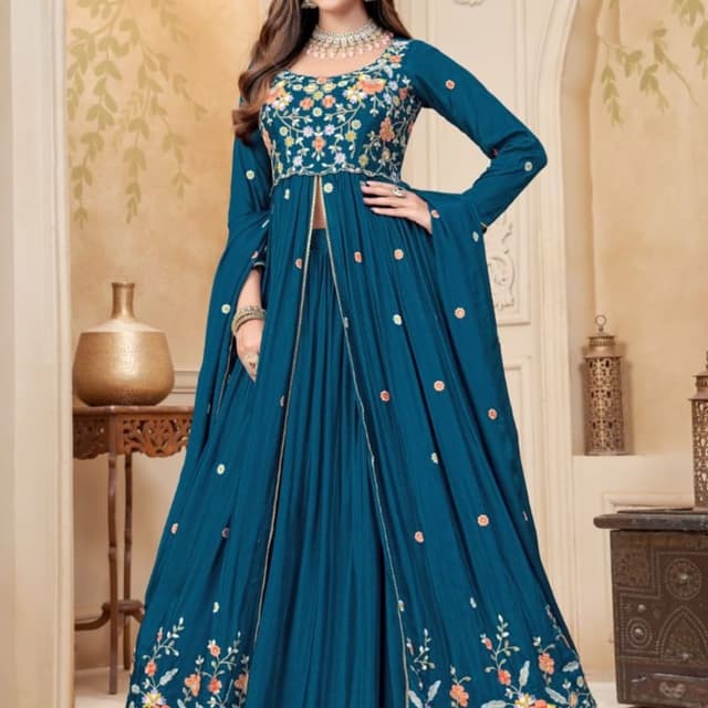 Teal, orange, yellow, and white Anarkali Suit