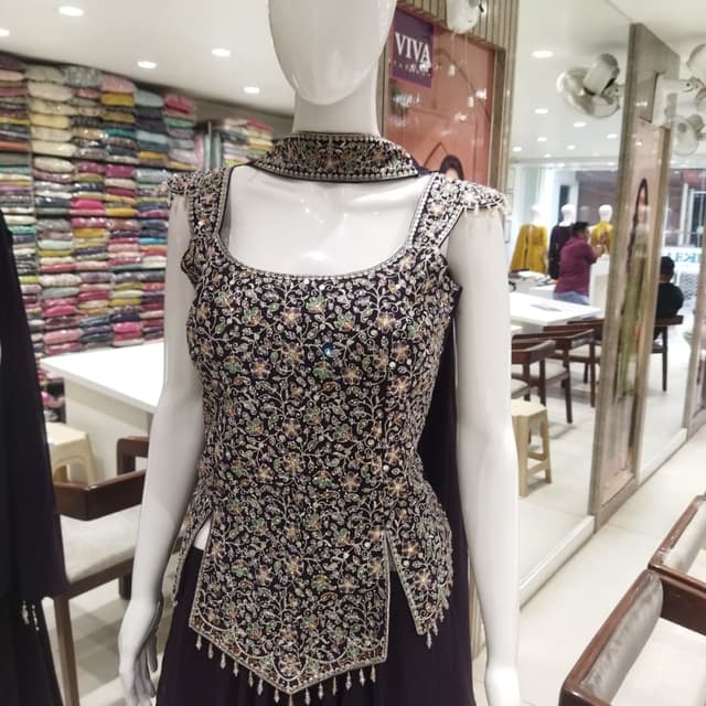 Deep Purple, Gold, Green, and Silver Kurta and Skirt Set