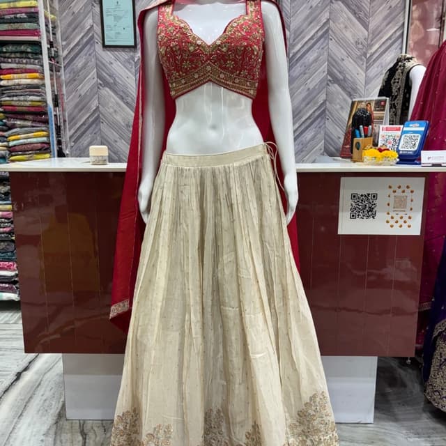 Red, Gold, Beige Lehenga Choli