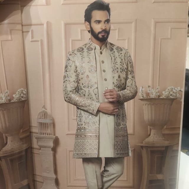 Beige, Gold Sherwani