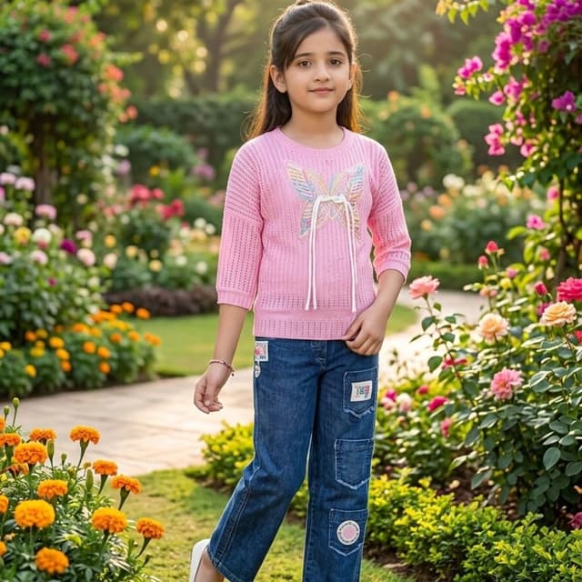 Pink, Blue Top and Jeans