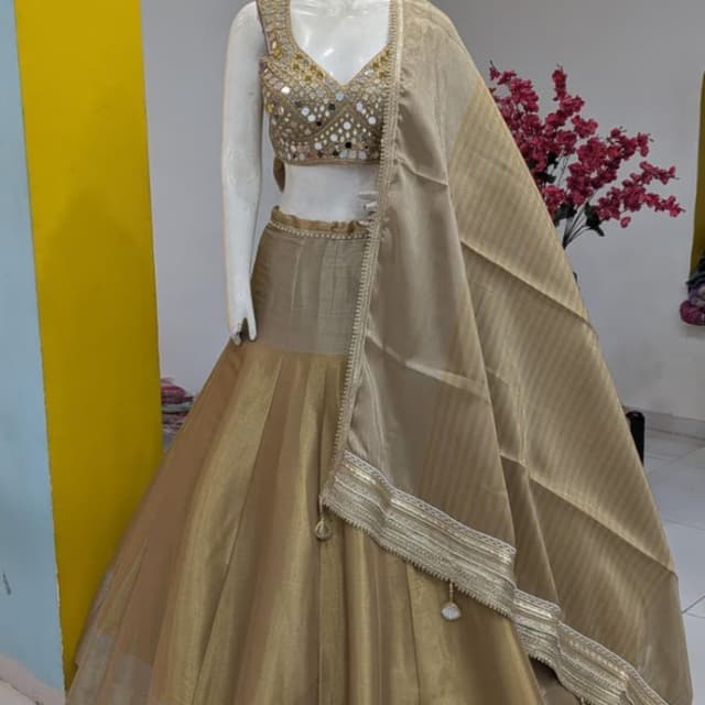 Gold, Beige Lehenga Choli