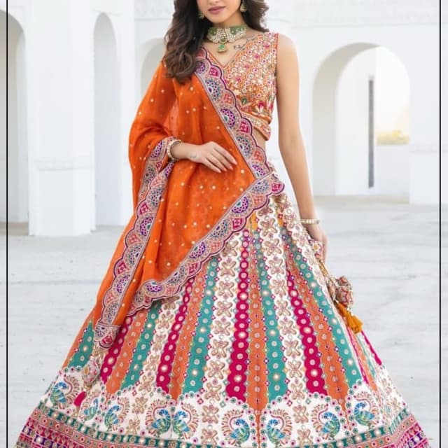 Orange, Pink, Teal, White, and Gold Lehenga Choli