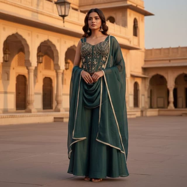 Teal, Gold, Cream Sharara Suit
