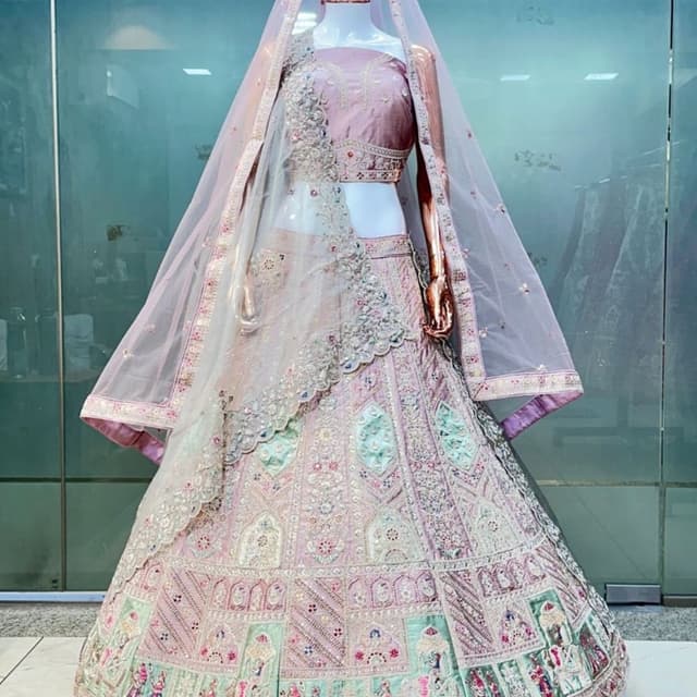 Pink, Mint Green, and Silver Lehenga Choli