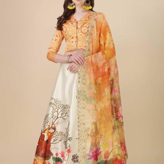 Orange, Yellow, White Lehenga Choli