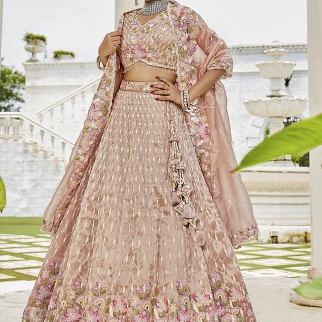 Dusty Rose, Pink, Green, and Cream Lehenga Choli with Dupatta