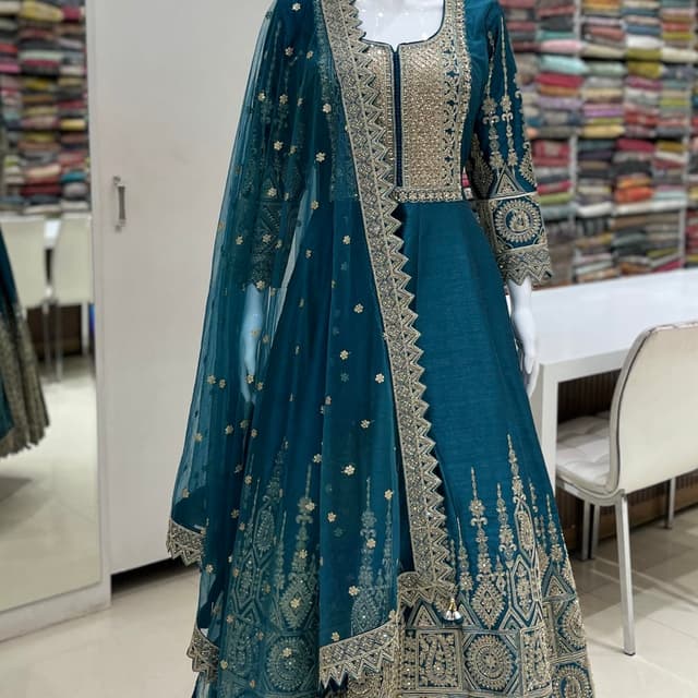 Teal and Gold Anarkali Suit with Dupatta