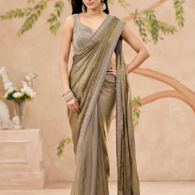 Olive Green, Gold Saree