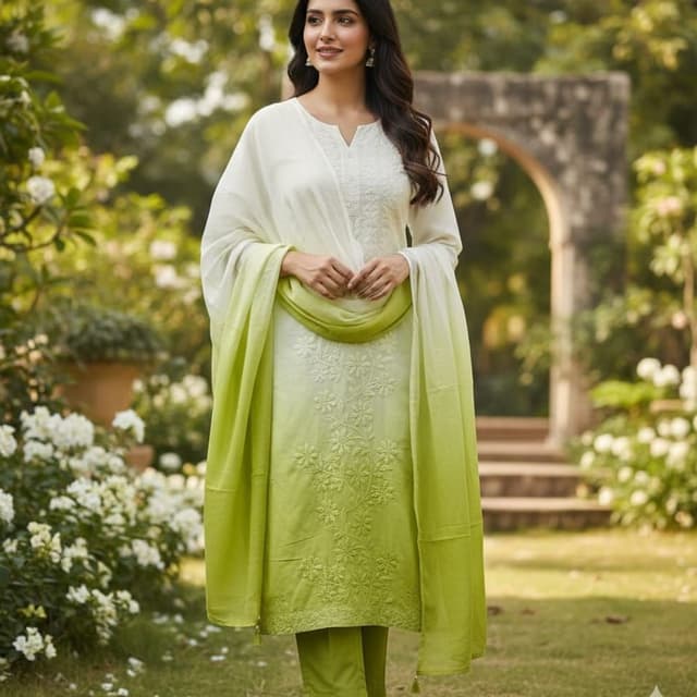 White, Green Salwar Kameez with Dupatta