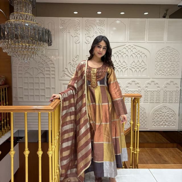 Brown, Gold, Orange, Gray Anarkali Suit