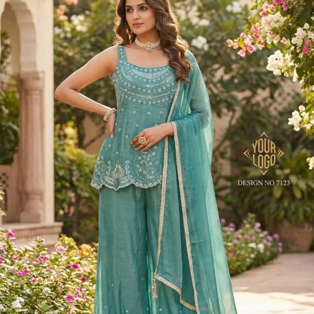 Teal, White Sharara Suit