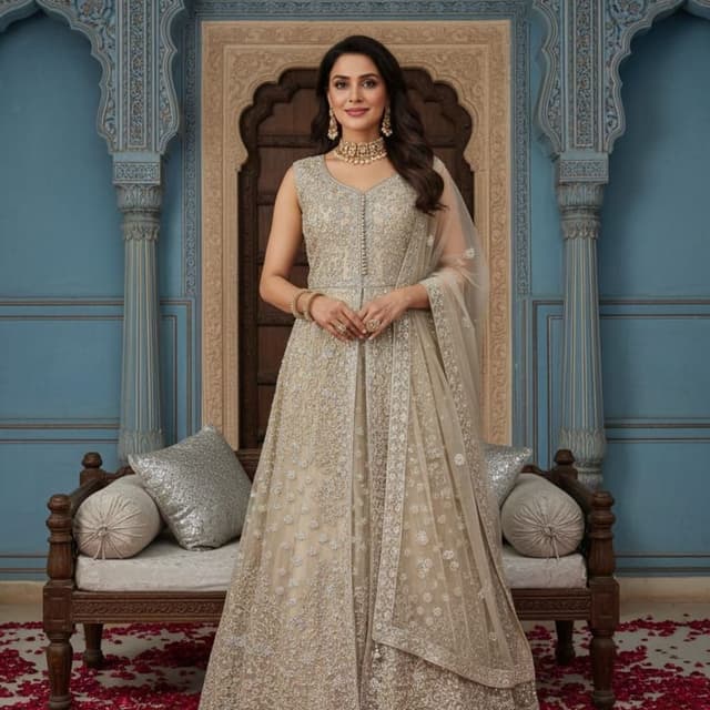 Beige, Silver Anarkali Suit