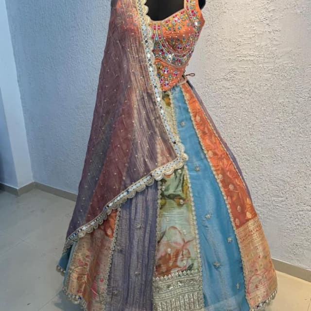 Orange, Blue, Purple, with multicolor floral accents and gold accents Lehenga Choli