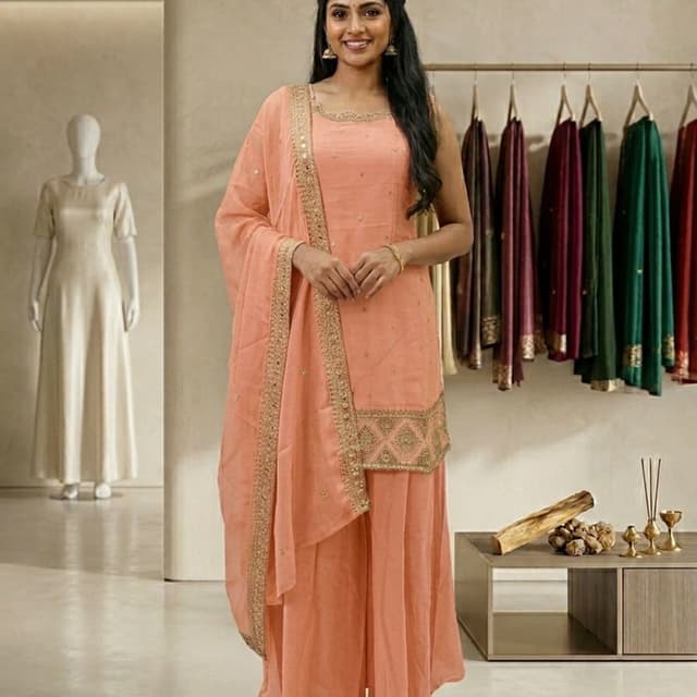Peach with Gold Salwar Kameez Suit with Dupatta