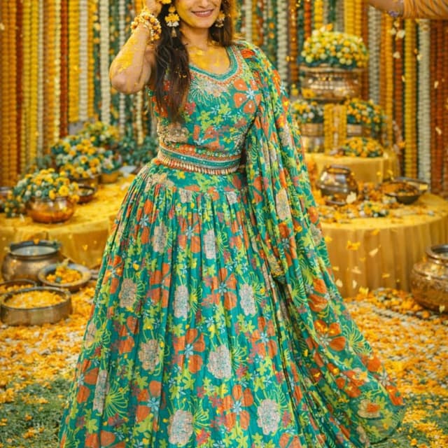 Teal, Orange, Yellow, Green Lehenga Choli