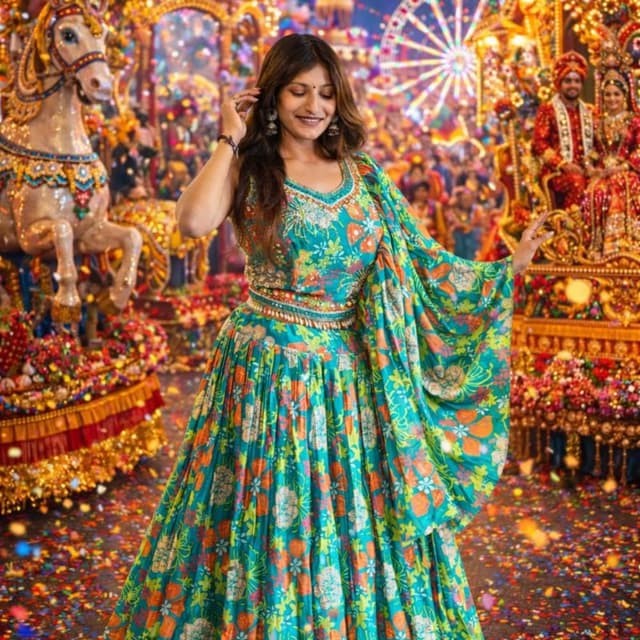 Teal, Orange, Yellow, Beige Lehenga Choli with Dupatta