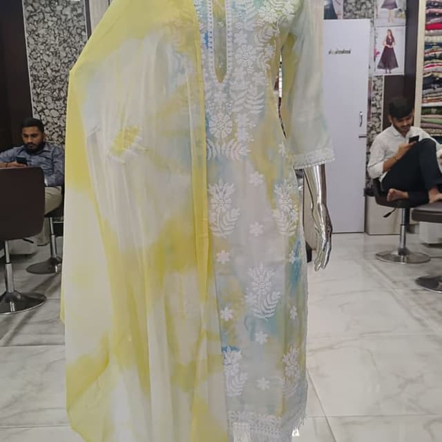 White, Yellow, and light blue accents Salwar Kameez with Dupatta
