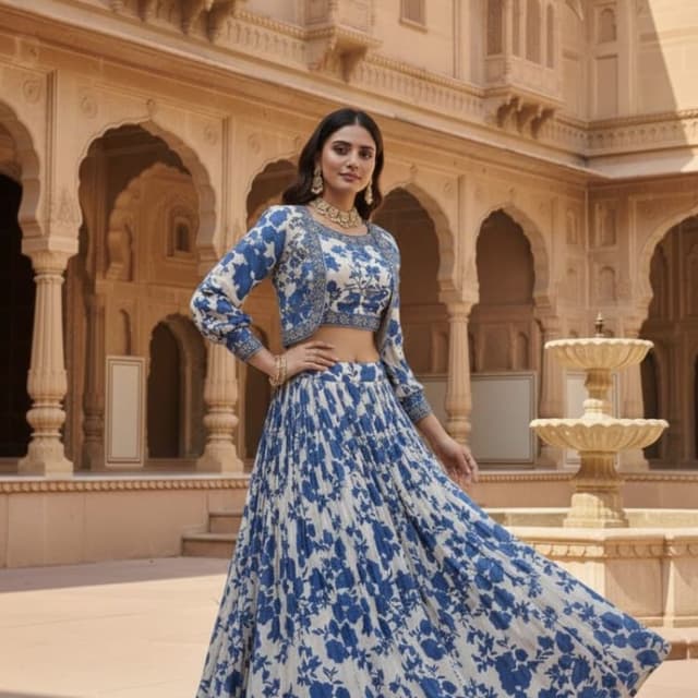 Blue and White Lehenga Choli