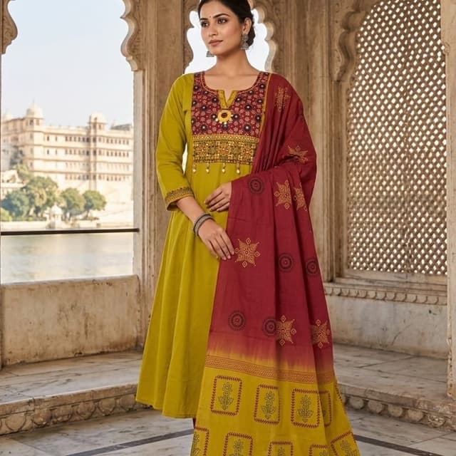 Mustard yellow, maroon, and accents of gold Anarkali Suit Set